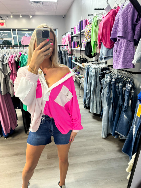 Caught The Attention Hot Pink Color Block Henley Top