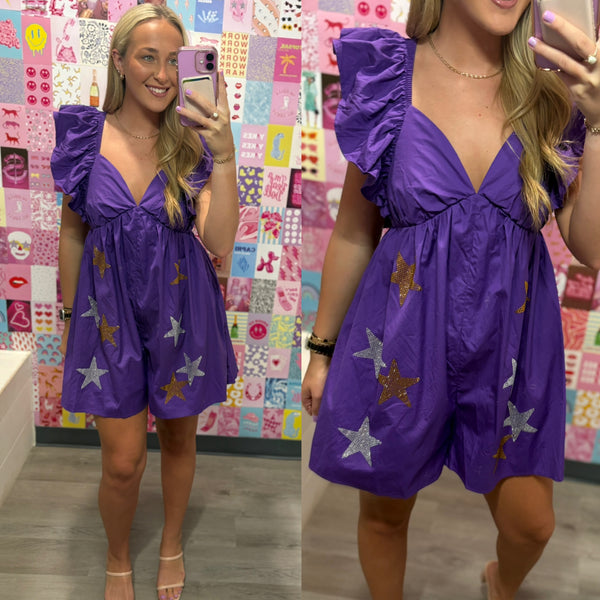 Purple and Gold Multi Color Star Rhinestone Romper