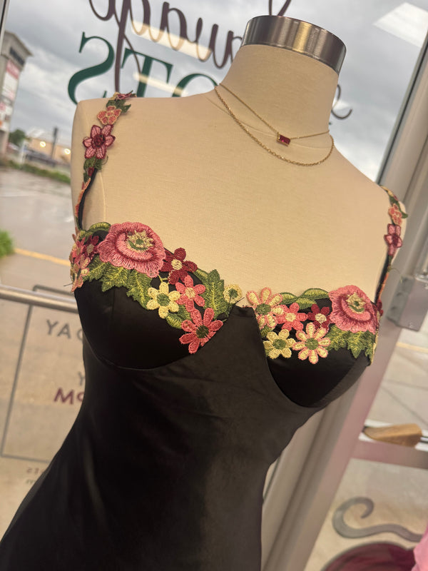 High Confidence Floral Trim Satin Dress