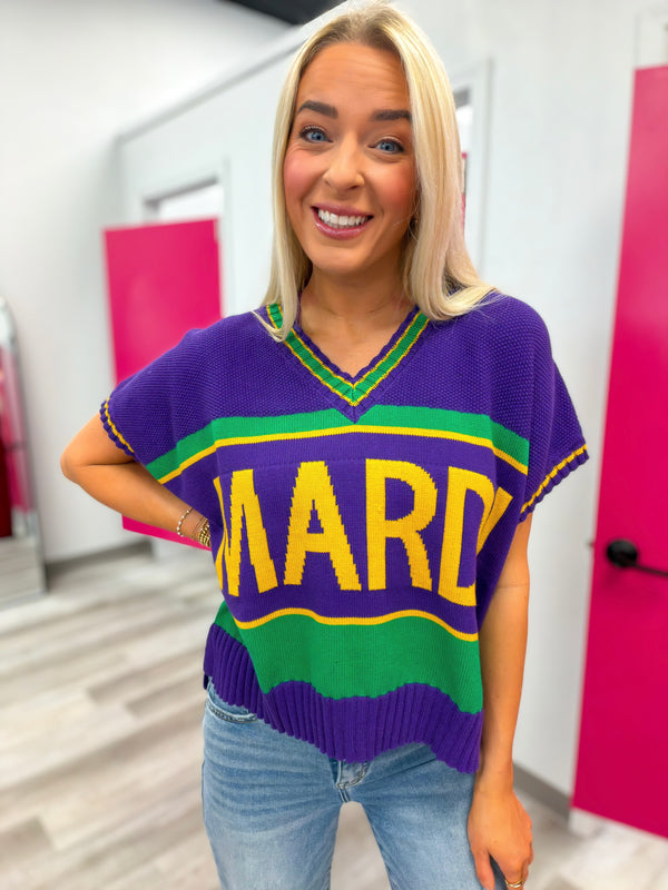 Mardi Gras Lettering Varsity Sweater Top