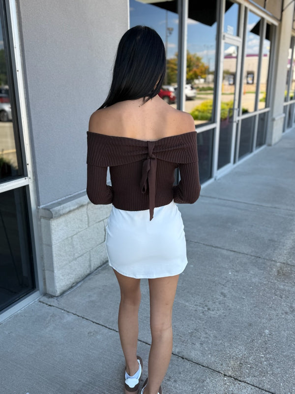 Time for Me To Go Off Shoulder Bow Back Ribbed Sweater