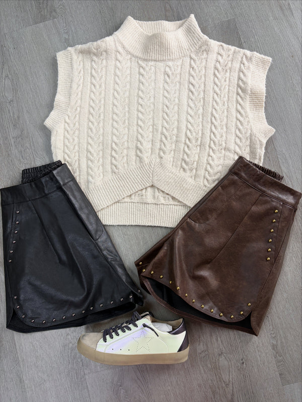 Faux Leather Shorts with Studs | Brown