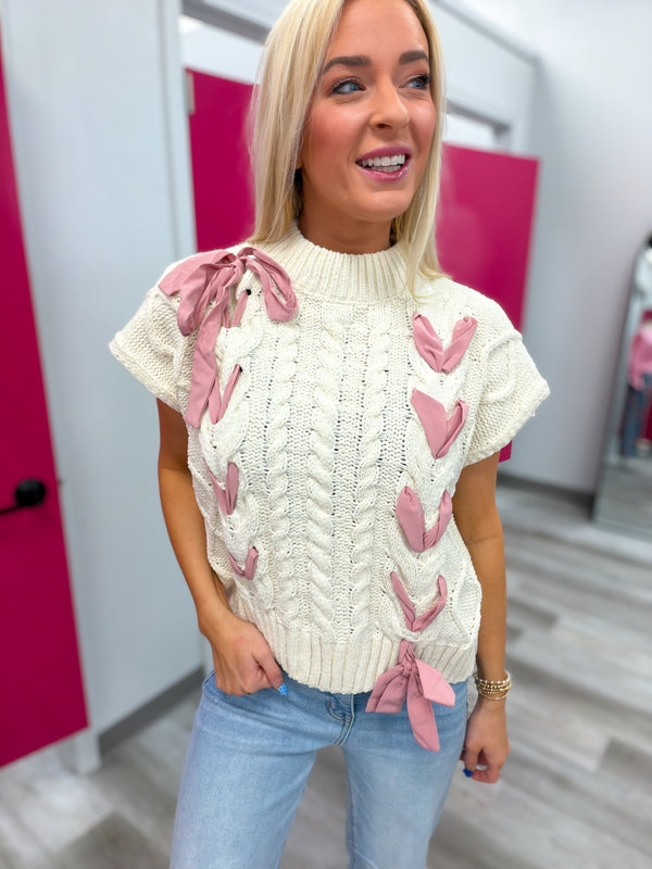 Yours Truly Cream and Pink Ribbon Sweater