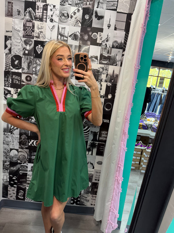 Chic Contrast Collar Dress | Green Rust Pink