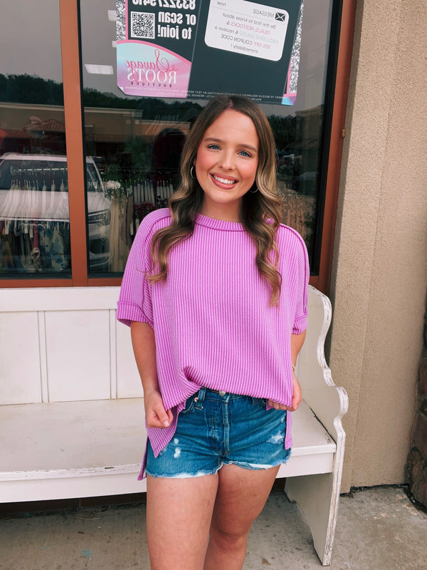 Corded Rib Short Cuff Sleeve Raw Edge Top