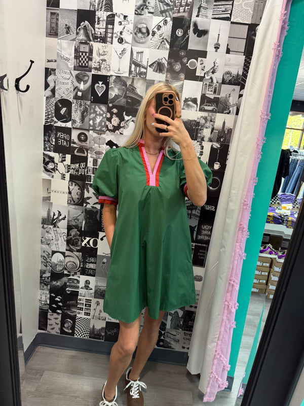 Chic Contrast Collar Dress | Green Rust Pink