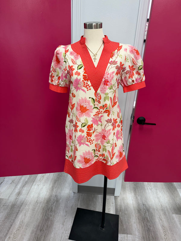 Coral Bloom Puff Sleeve Dress
