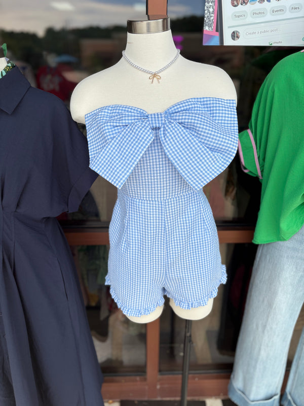 Gingham Print Light Blue Bow Romper