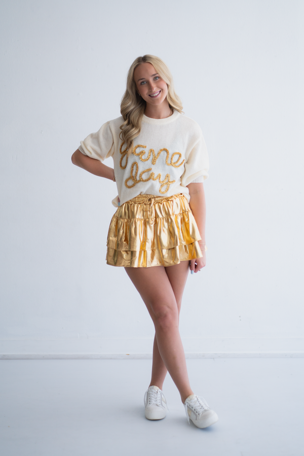 Game Day Bubble Sleeve Short Sweater Top - Cream and Gold