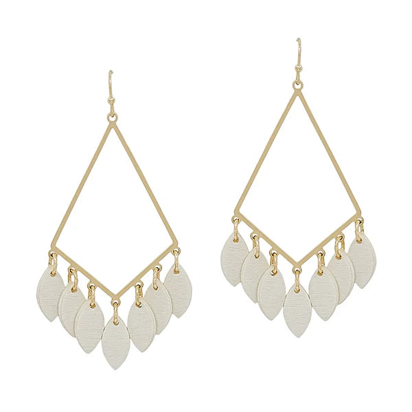 Gold Geometric with White Wood Leaf Charm 2" Earring