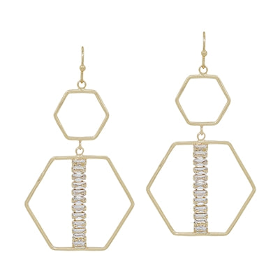 Gold Double Hexagon with Crystal Bar Accent 2" Earring