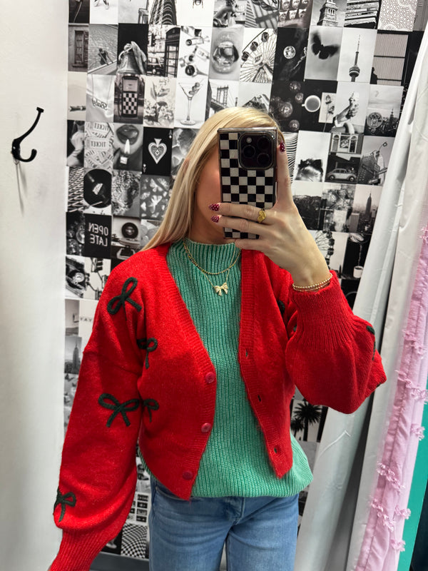 Red and Green Bow Cardigan