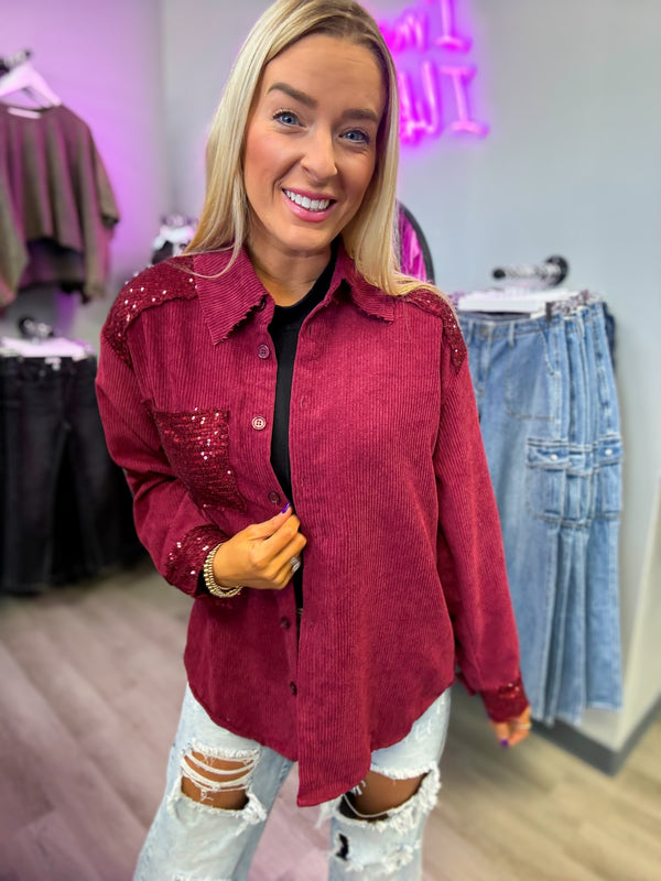 Wine Sequin Collared Button Down Shacket