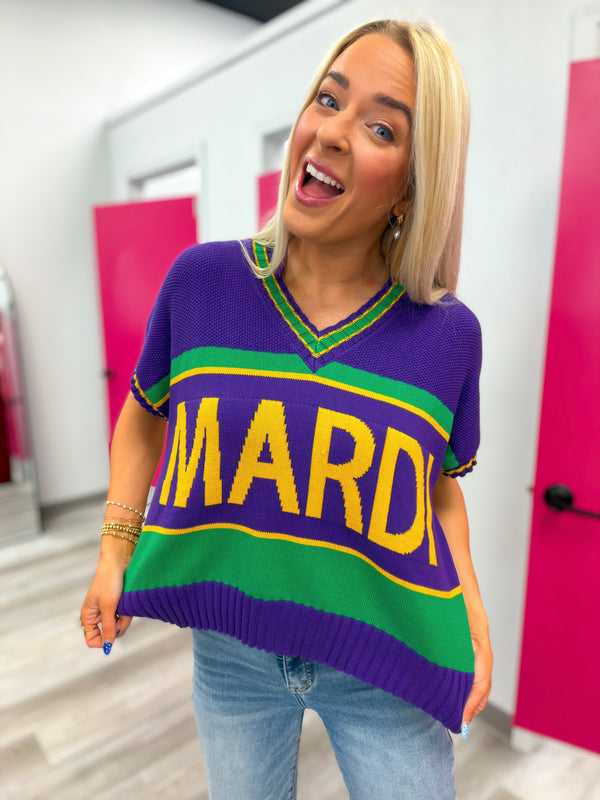 Mardi Gras Lettering Varsity Sweater Top