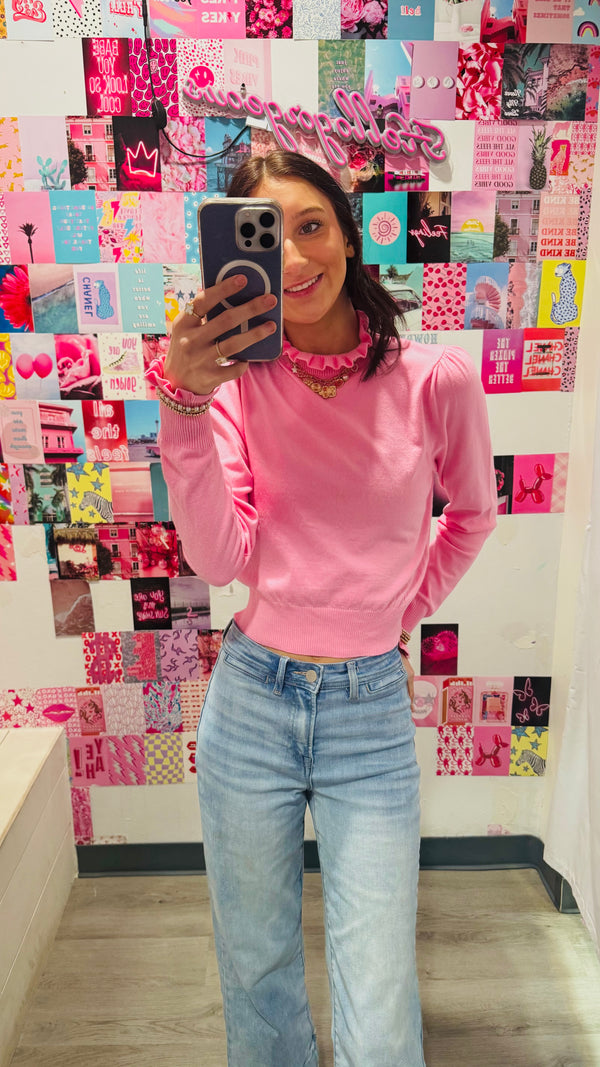 Frilled Top Be Here Long Sleeve Top - Baby Pink