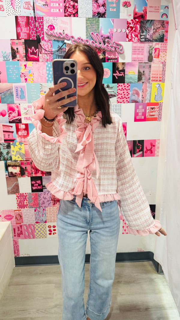Tweed Ruffle Bow Tied Jacket Top