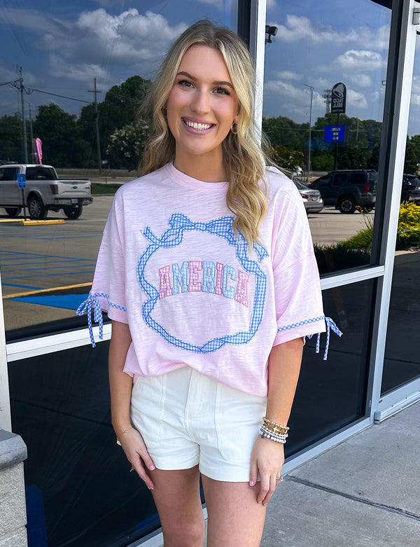America Bow Gingham Laser Cut Detail T-shirt