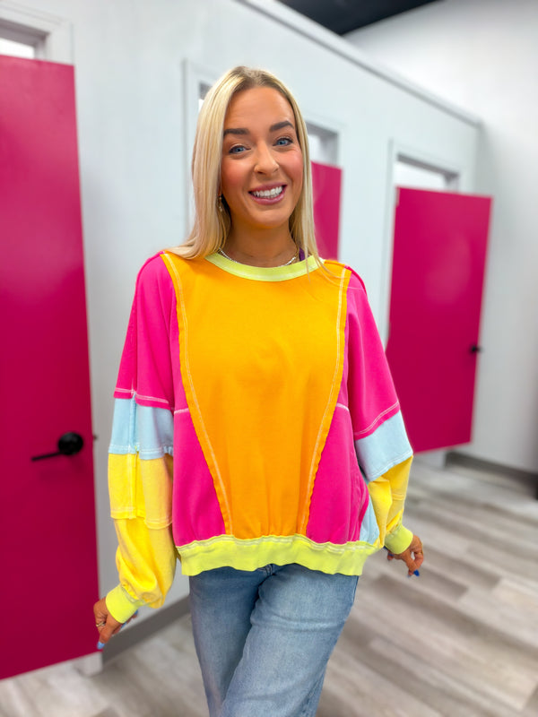 Catching Eyes Bright Colorful Pullover - Hot Pink Orange Lime