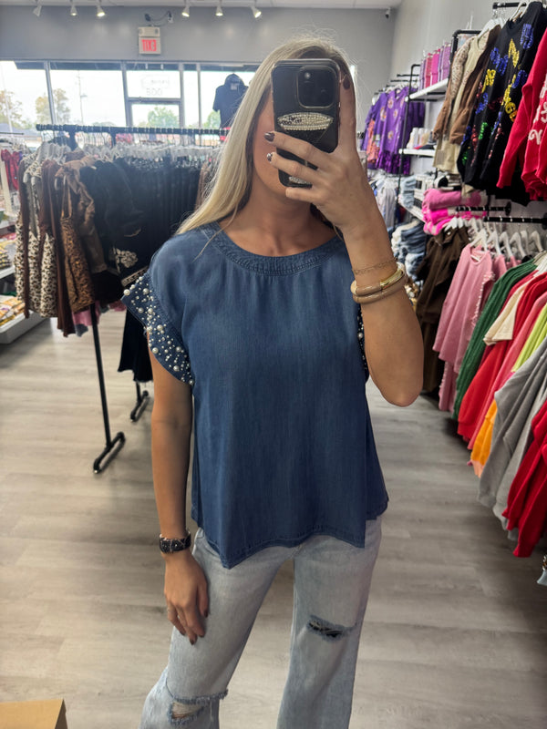 Pearl and Rhinestone Top Dark Denim