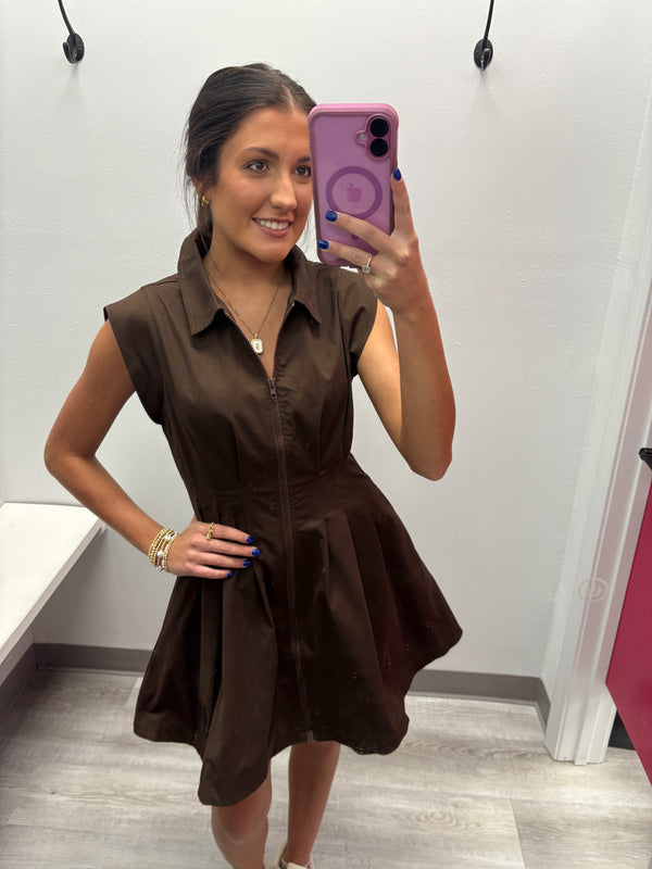 Zip Brown Pleated Mini Dress