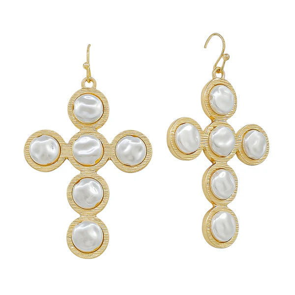 Gold Flat Coin Pearl 1.5" Cross Earring