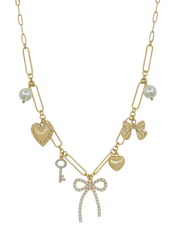 Gold Chain with Pearl Bow, Hearts, Key Charms 16"-18" Necklace