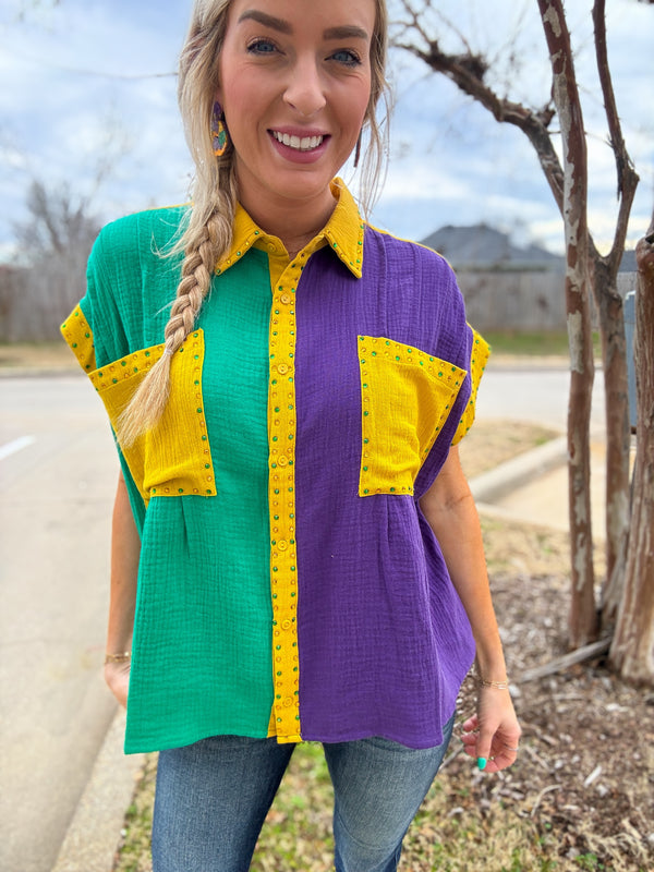 Parade Day Rhinestone Mardi Gras Color Block Top
