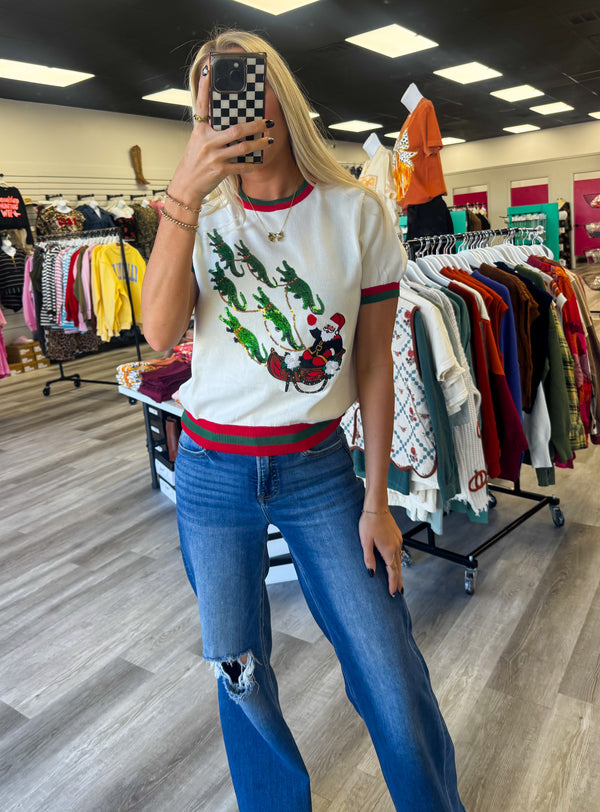 Cajun Santa Christmas Alligator Short Sleeve Sweater