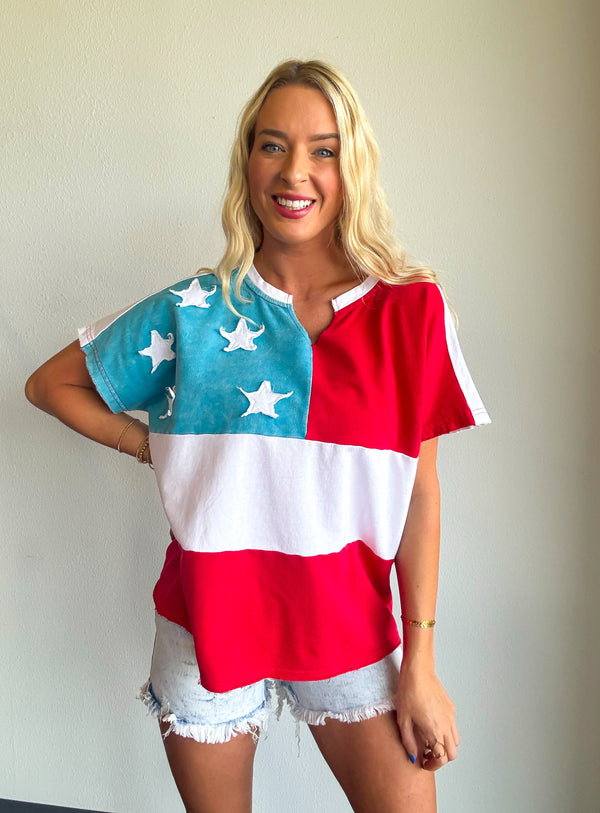 American Flag Motive Mineral Washed Knit Top
