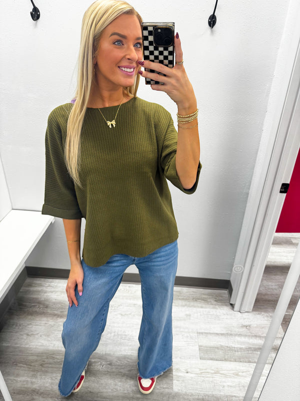 Green Knit Rolled Sleeve Sweater