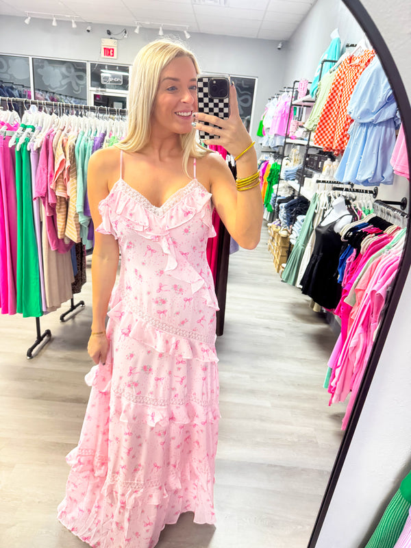 Pink Rose Bow Ruffle Maxi Dress