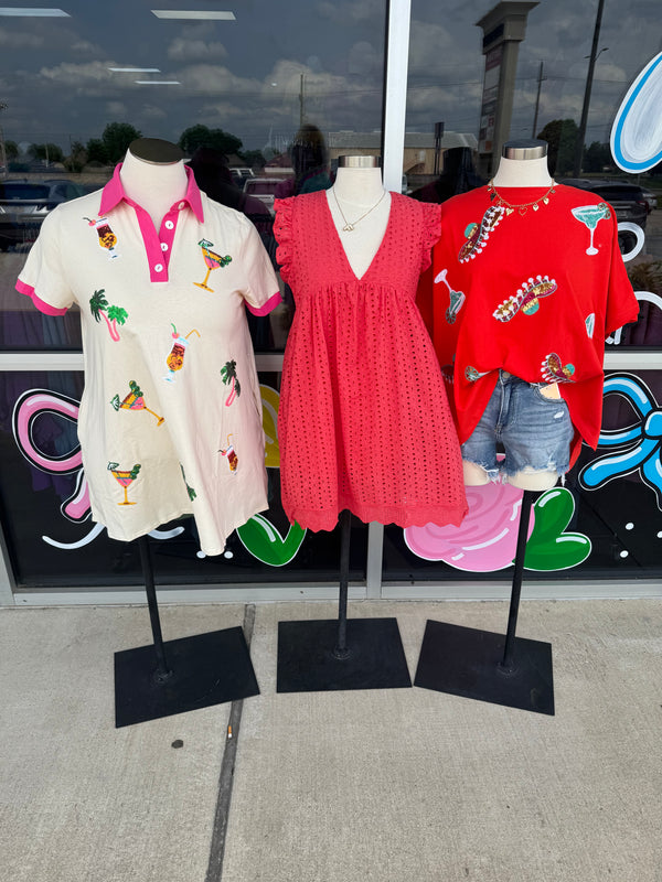 Coral Cotton Eyelet Pocketed Dress