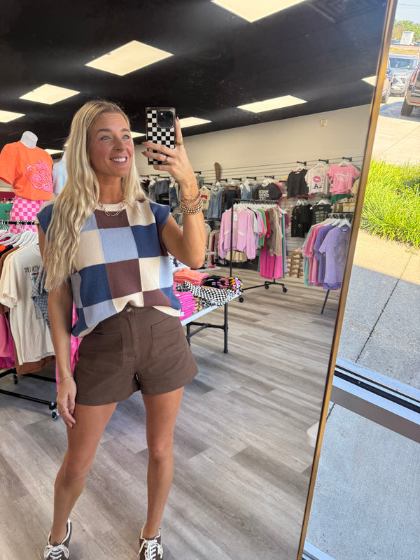 Check It Out Checkered Sweater | Dark Blue Brown Mix