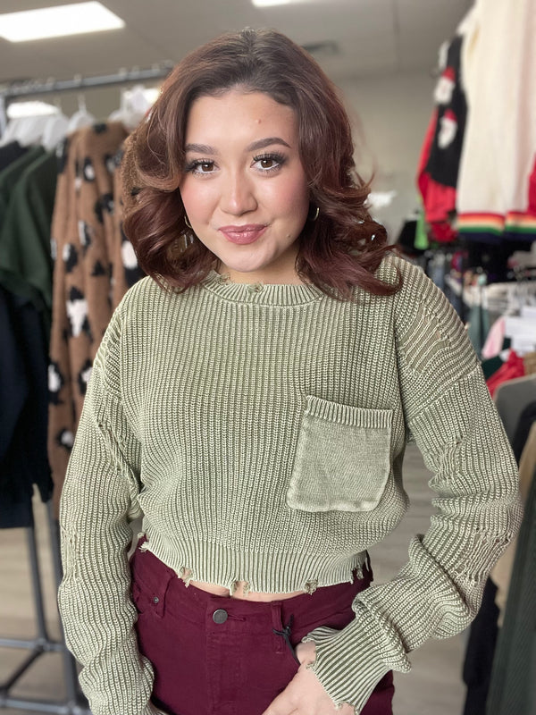 Mineral wash round neck cropped distressed sweater