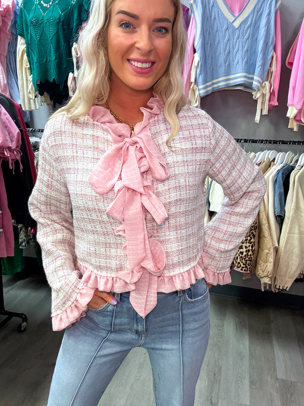 Tweed Ruffle Bow Tied Jacket Top