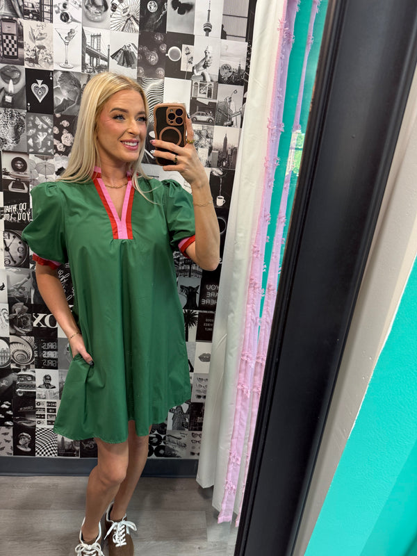 Chic Contrast Collar Dress | Green Rust Pink