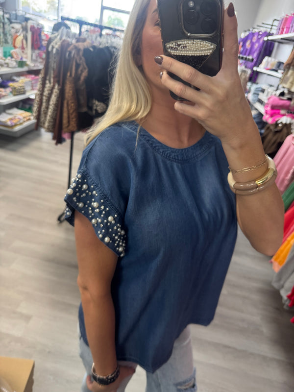 Pearl and Rhinestone Top Dark Denim