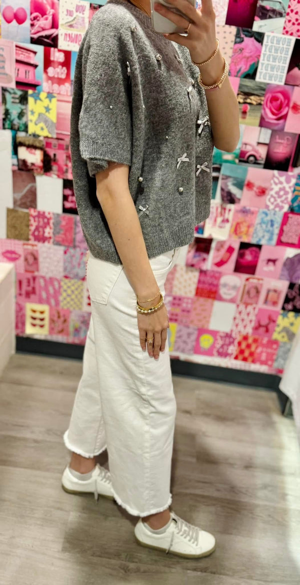 Silver Beaded Pearl and Bow Gray Sweater