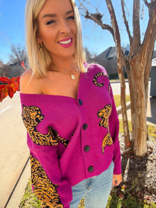 Tiger Purple Cardigan Sweater