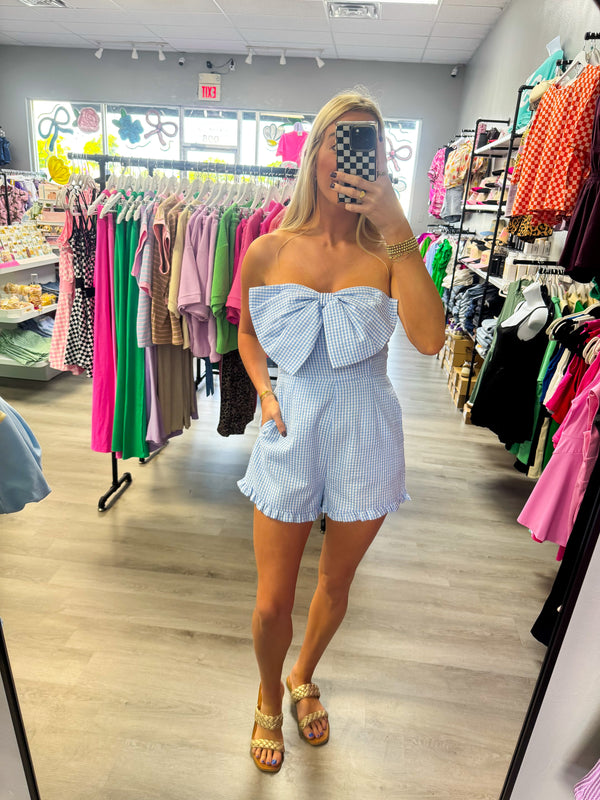 Gingham Print Light Blue Bow Romper