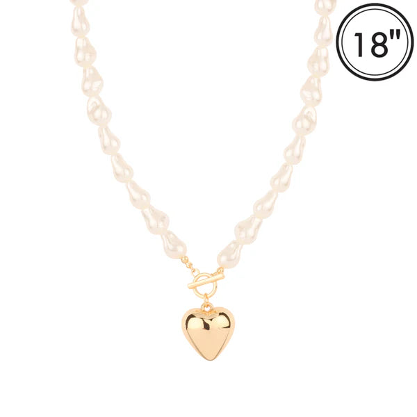 Freshwater Pearl Chain with Gold Puffy Heart 16"-18" Necklace