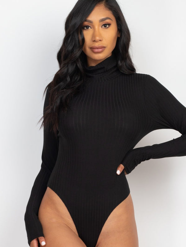 Solid Ribbed Turtle Neck Long Sleeve Bodysuit