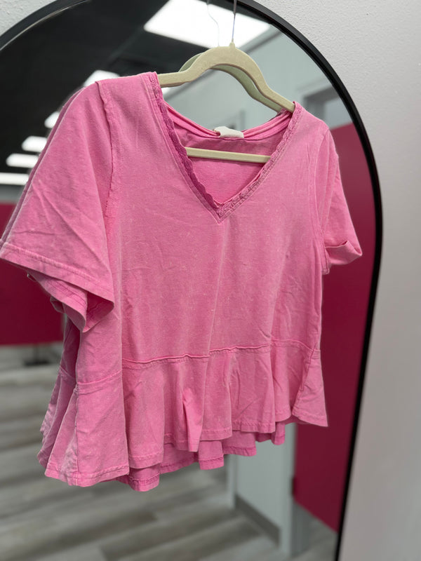 Rosey Little Life Acid Wash V Neck Pink Tee