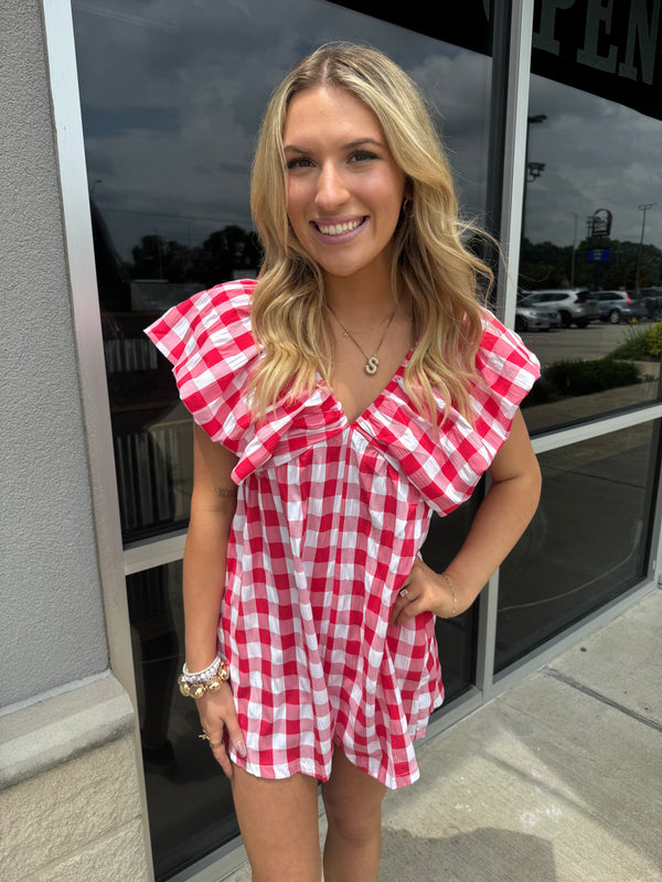 Red Puff Sleeve V-neck Babydoll Romper