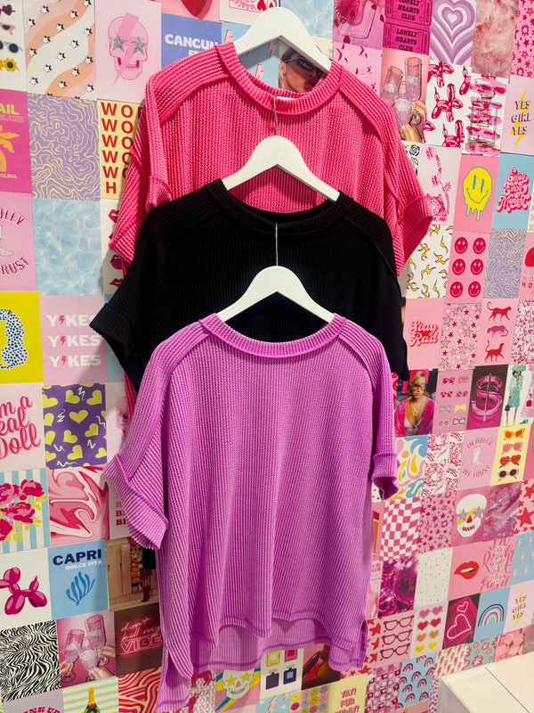Corded Rib Short Cuff Sleeve Raw Edge Top