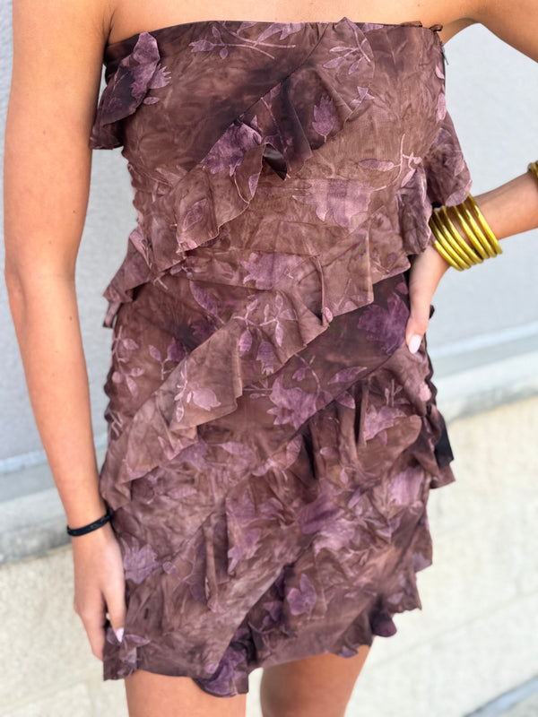 Brown Strapless Mini Ruffle Dress