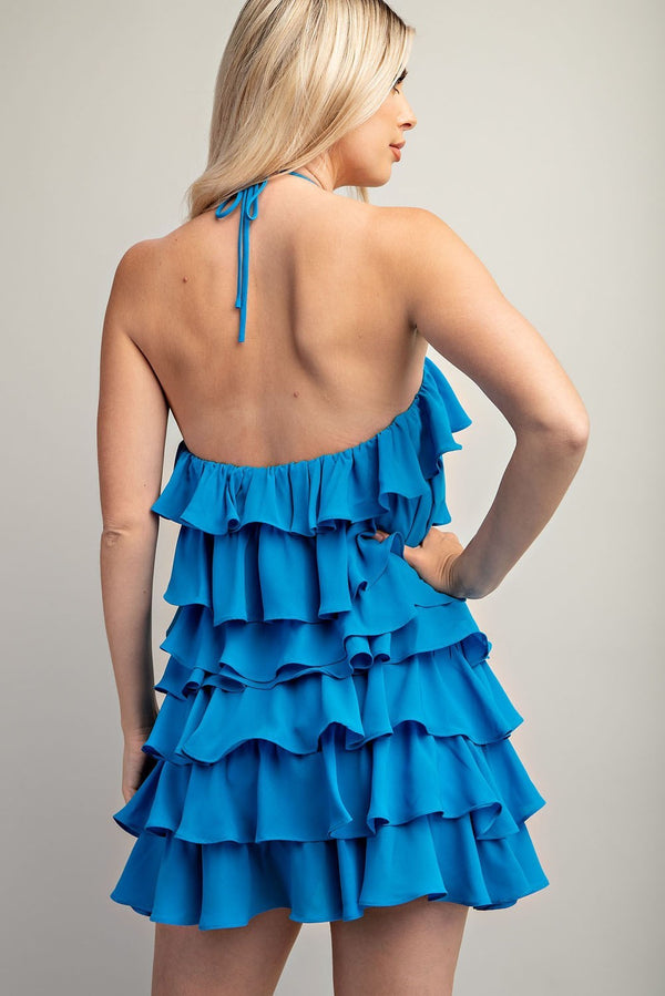 Blue Halter Ruffle Flower Dress