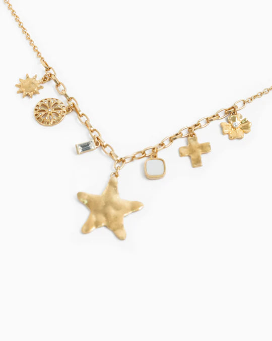 Hammered Large Star Multi Charm Necklace