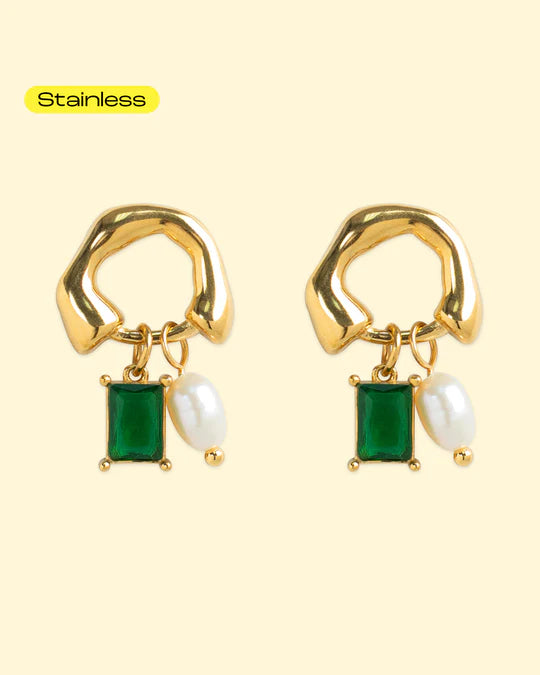 Hoop Sculpted Emarald Stone Drop Earrings