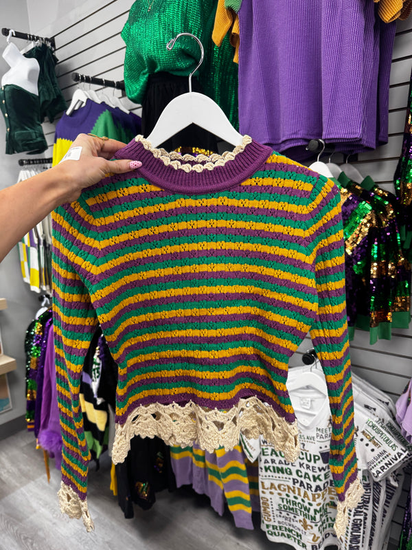 Mardi Gras Crochet Sweater with Lace Trim